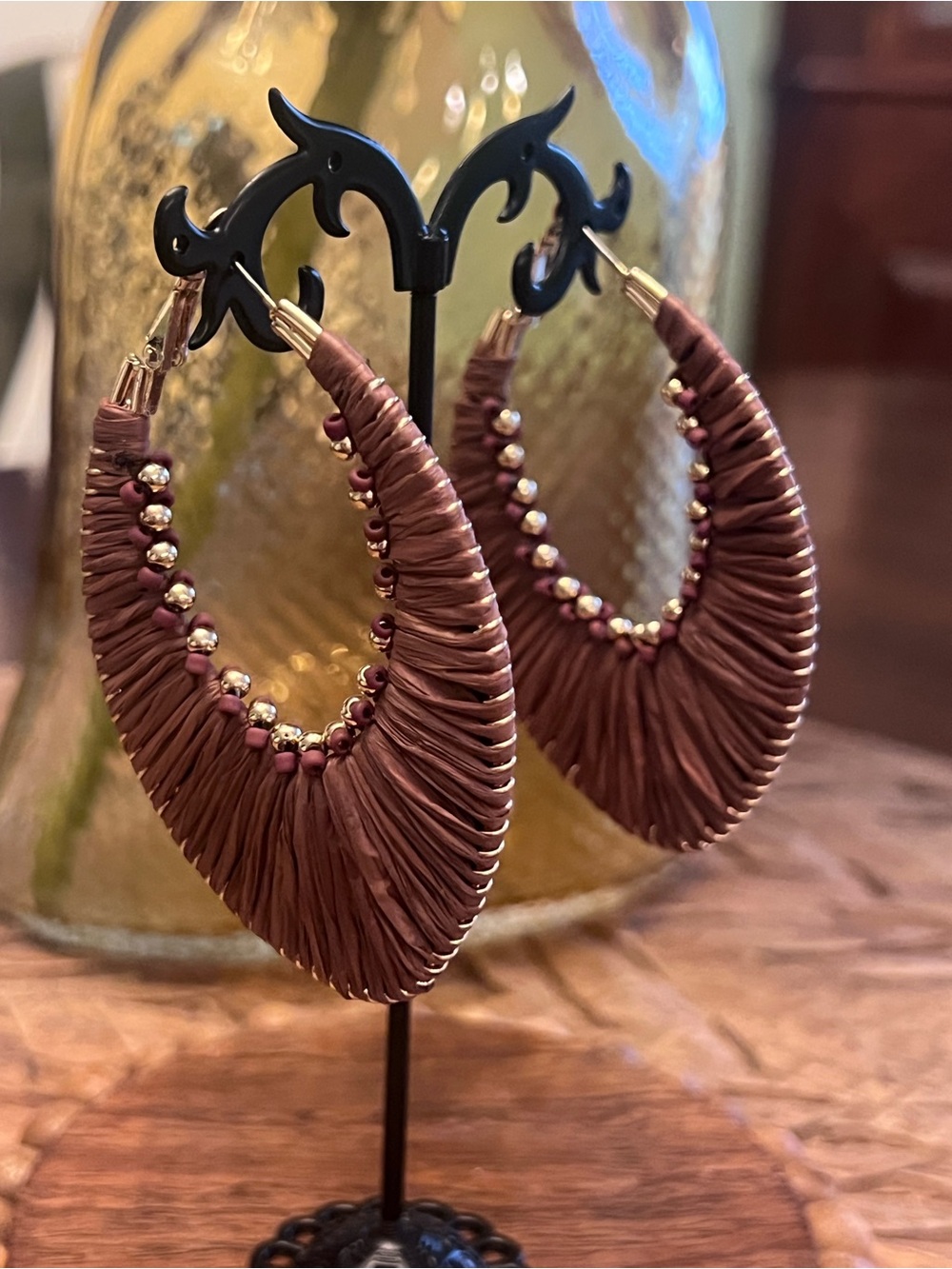 New Brown Wrapped Hoop Earrings with Gold Bead Accents